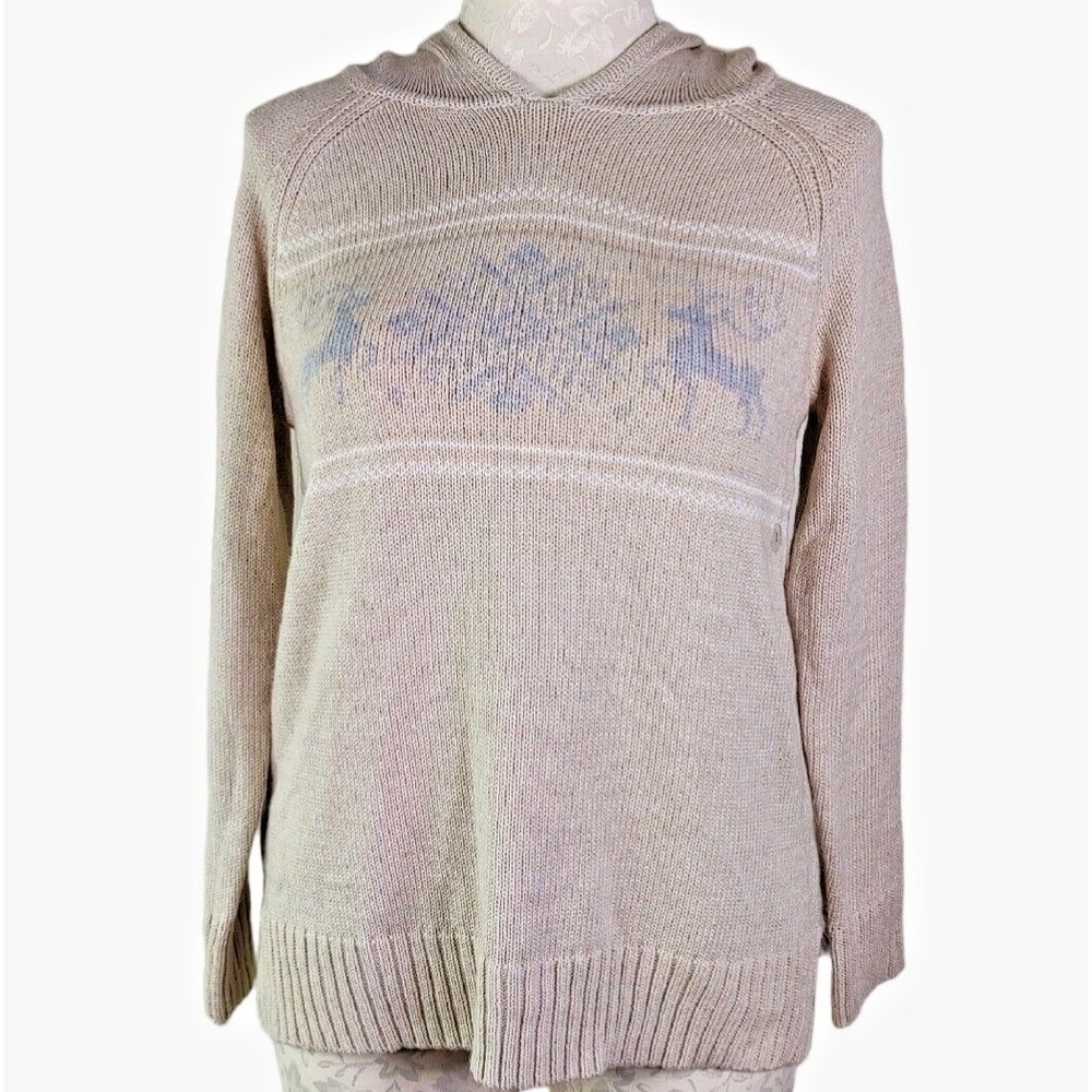 Y2K NY & Co Reindeer Chunky Winter Knit Sweater Small Hooded Holiday Novelty
